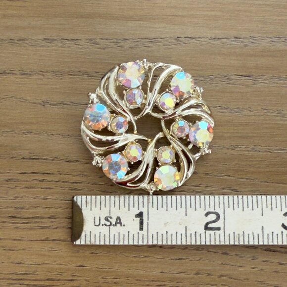 Vintage Aurora Borealis Rhinestone Circle Brooch Pin Gold-Tone Setting - Picture 4 of 10